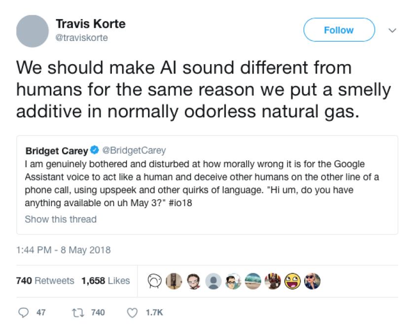 Some of the conversation suggesting how AI voices should not mimic human qualities