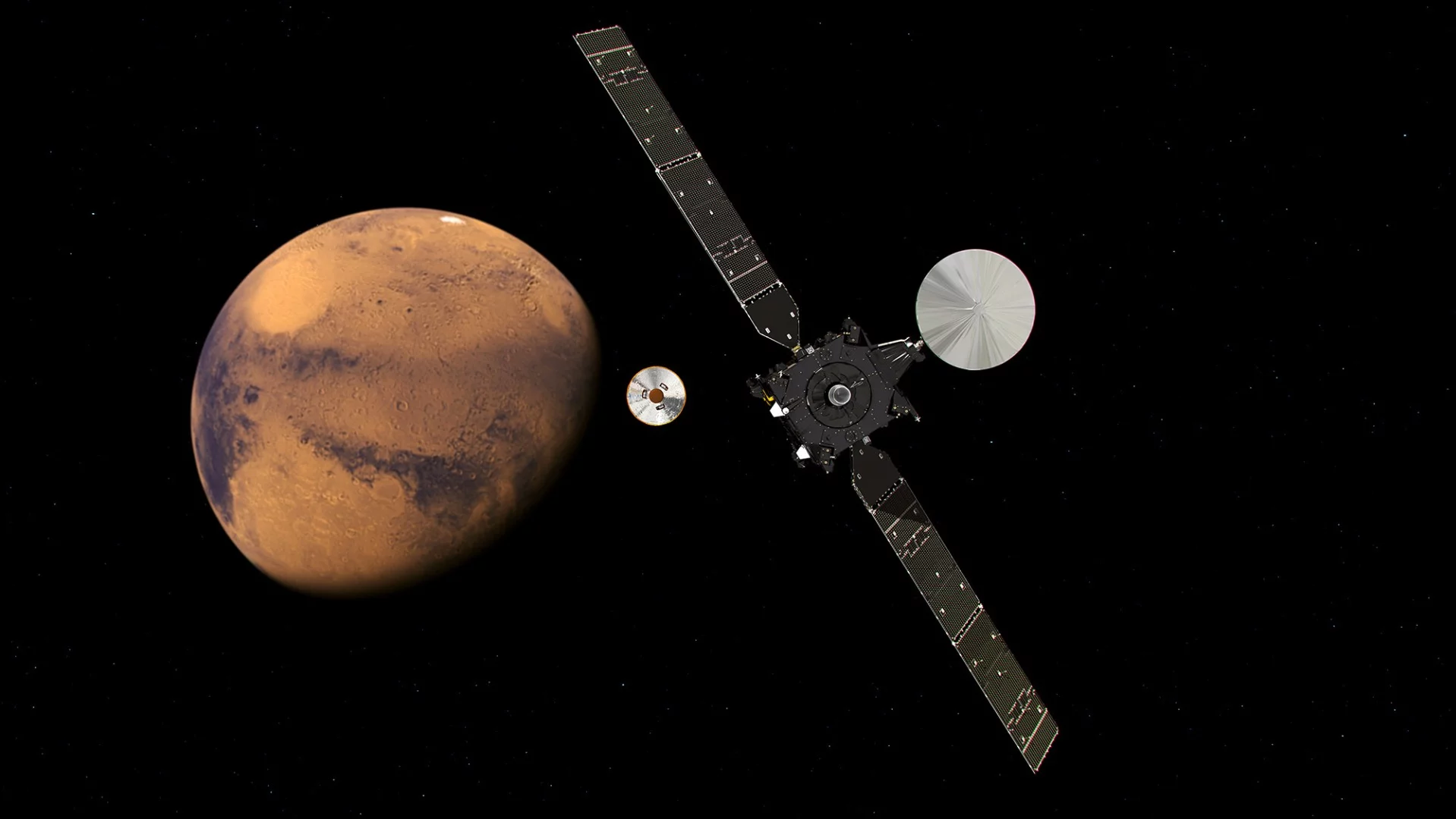 Artist's impression visualising the ExoMars Trace Gas Orbiter and its entry, descent and landing demonstrator module, Schiaparelli, approaching Mars