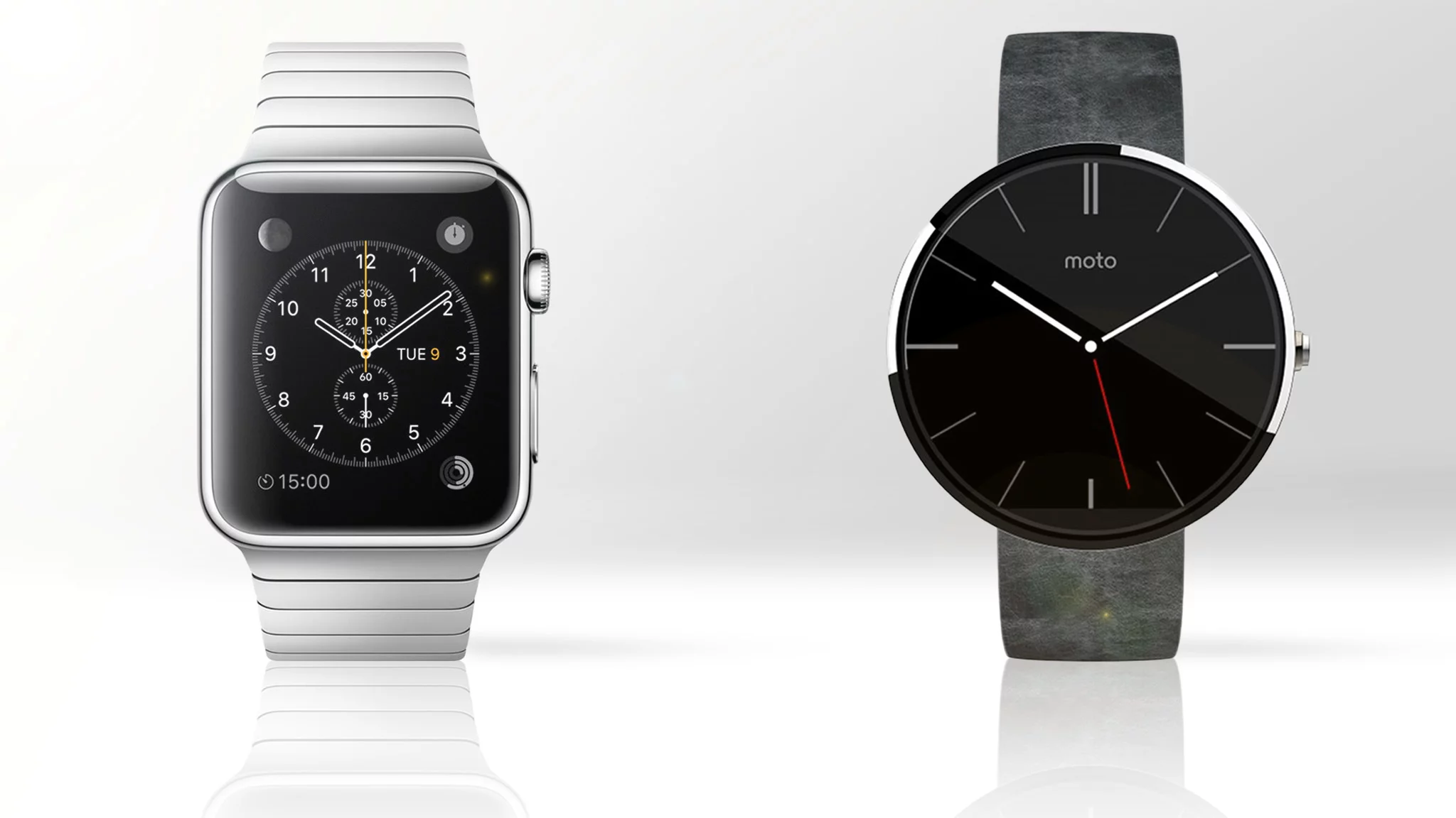 Gizmag compares the features and specs of the Apple Watch (left) and Moto 360 smartwatches
