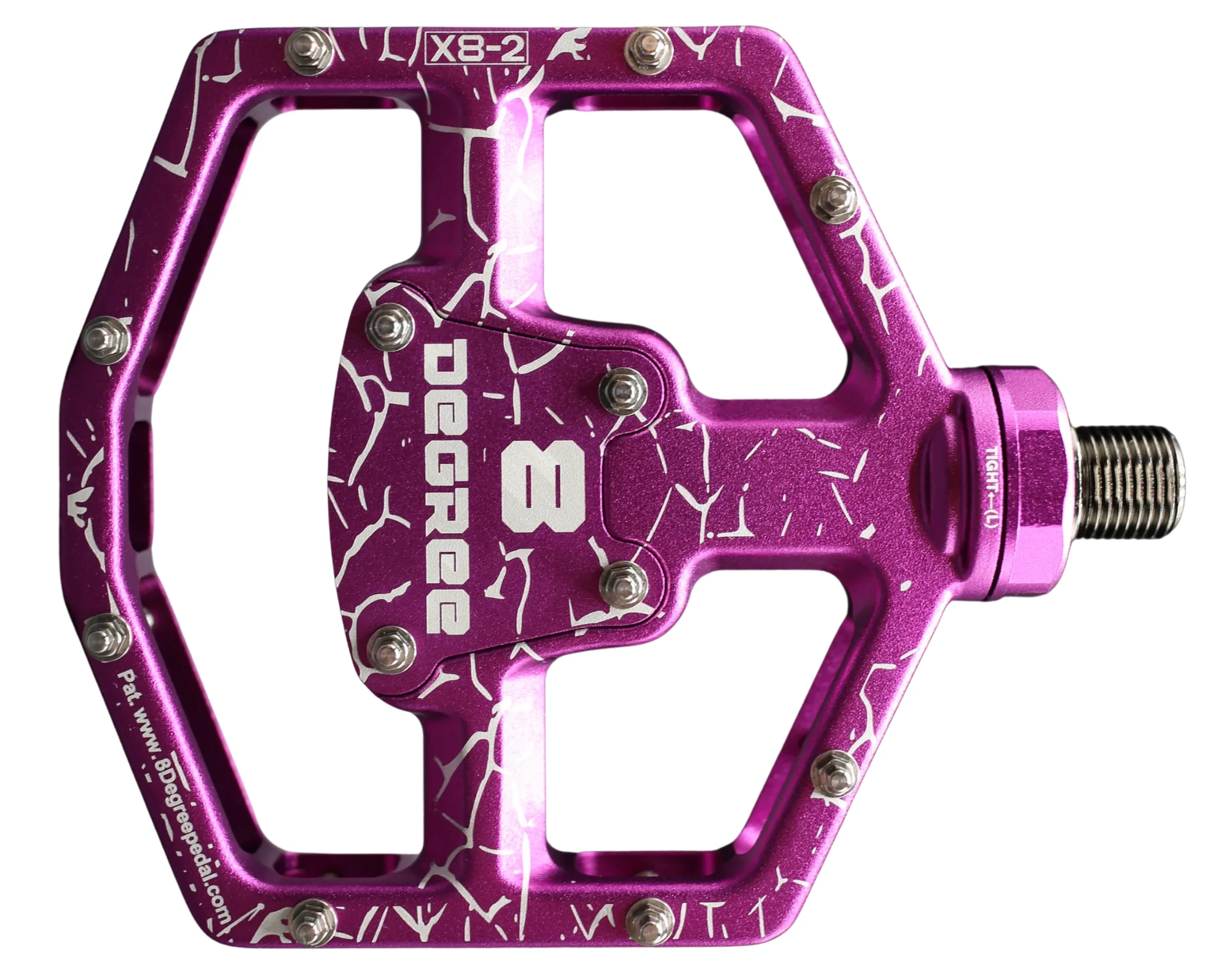 The 8 Degree Pedal features a 6061 aluminum body with a chromium hardened steel spindle