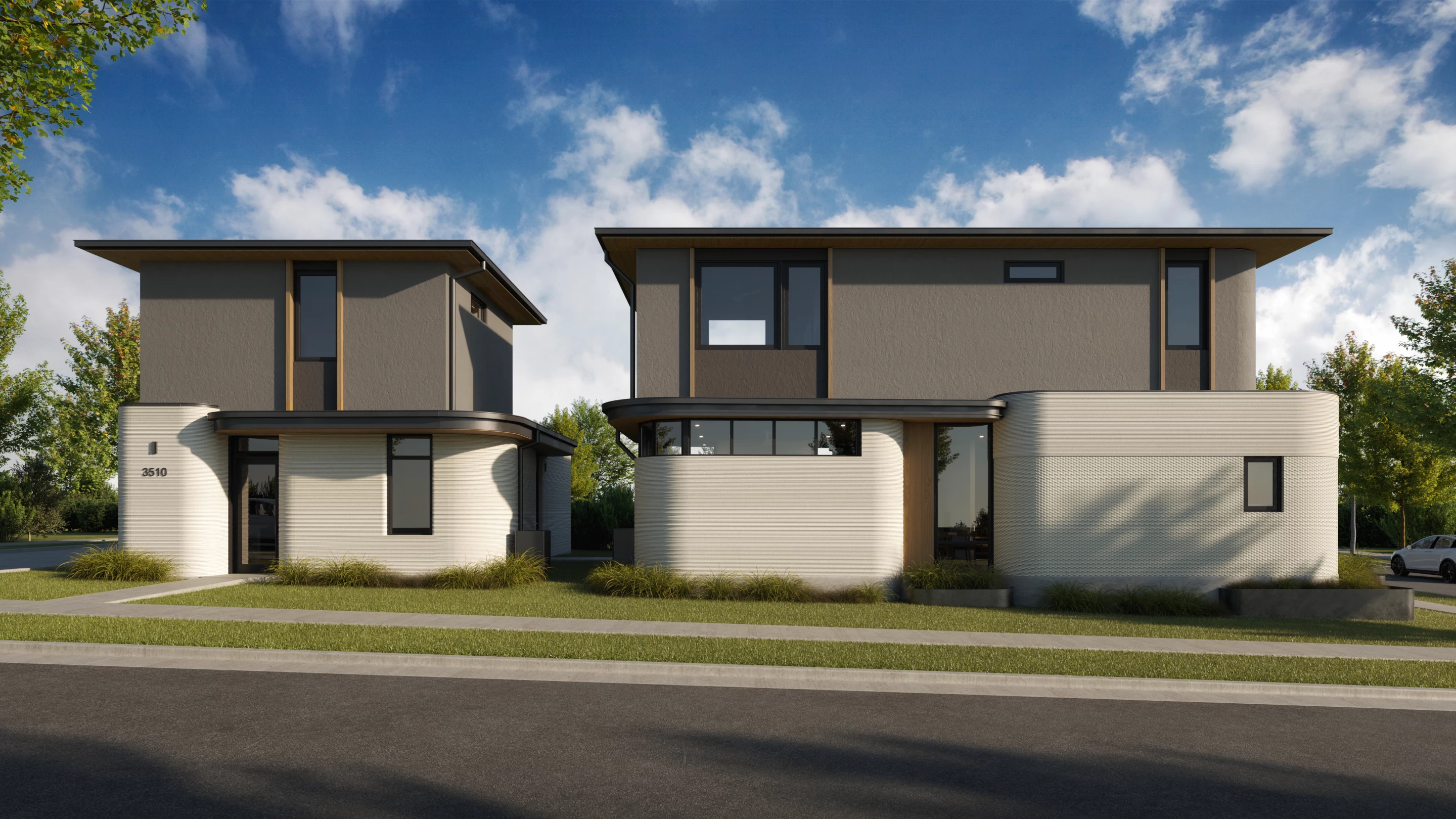 The affordable homes (shown on the left) will feature a 3D-printed lower floor, however the upper floor will be built using traditional construction methods