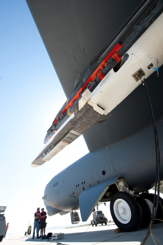 The X-51A Waverider affixed to an Edwards B-52H Stratofortress before the second flight test (Image: Boeing)