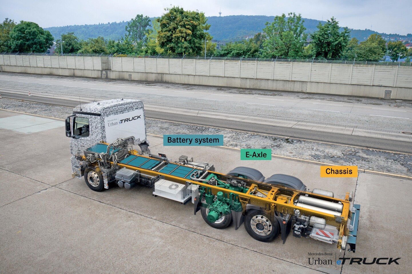 The truck's chassis holds 212 kWh of batteries and two electric motors