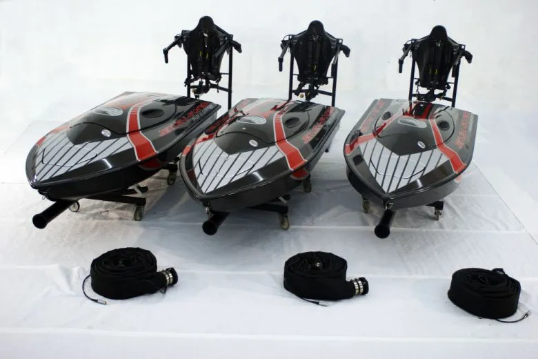 The Jetlev jetpack, supply hose and boat unit