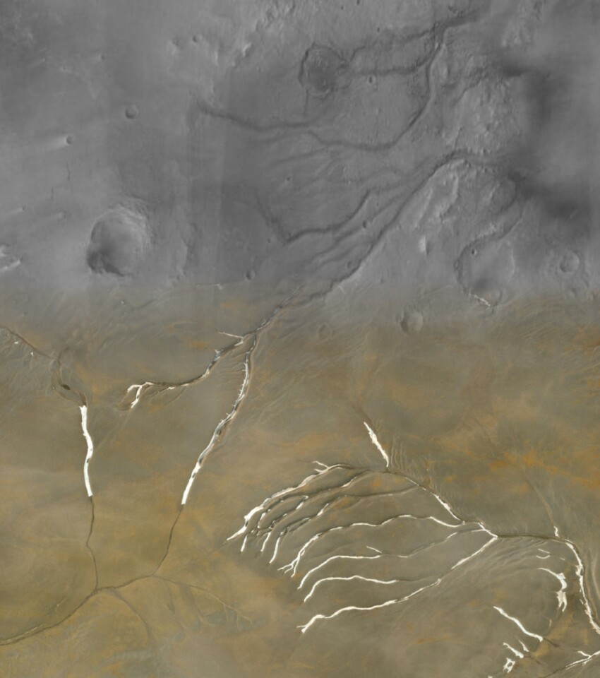 The top half of this image shows the Maumee valleys on Mars, while the bottom half shows glacial channels on Devon Island, Canada – similarities between the two led researchers to the conclusion that much of ancient Mars' water was glacial run-off