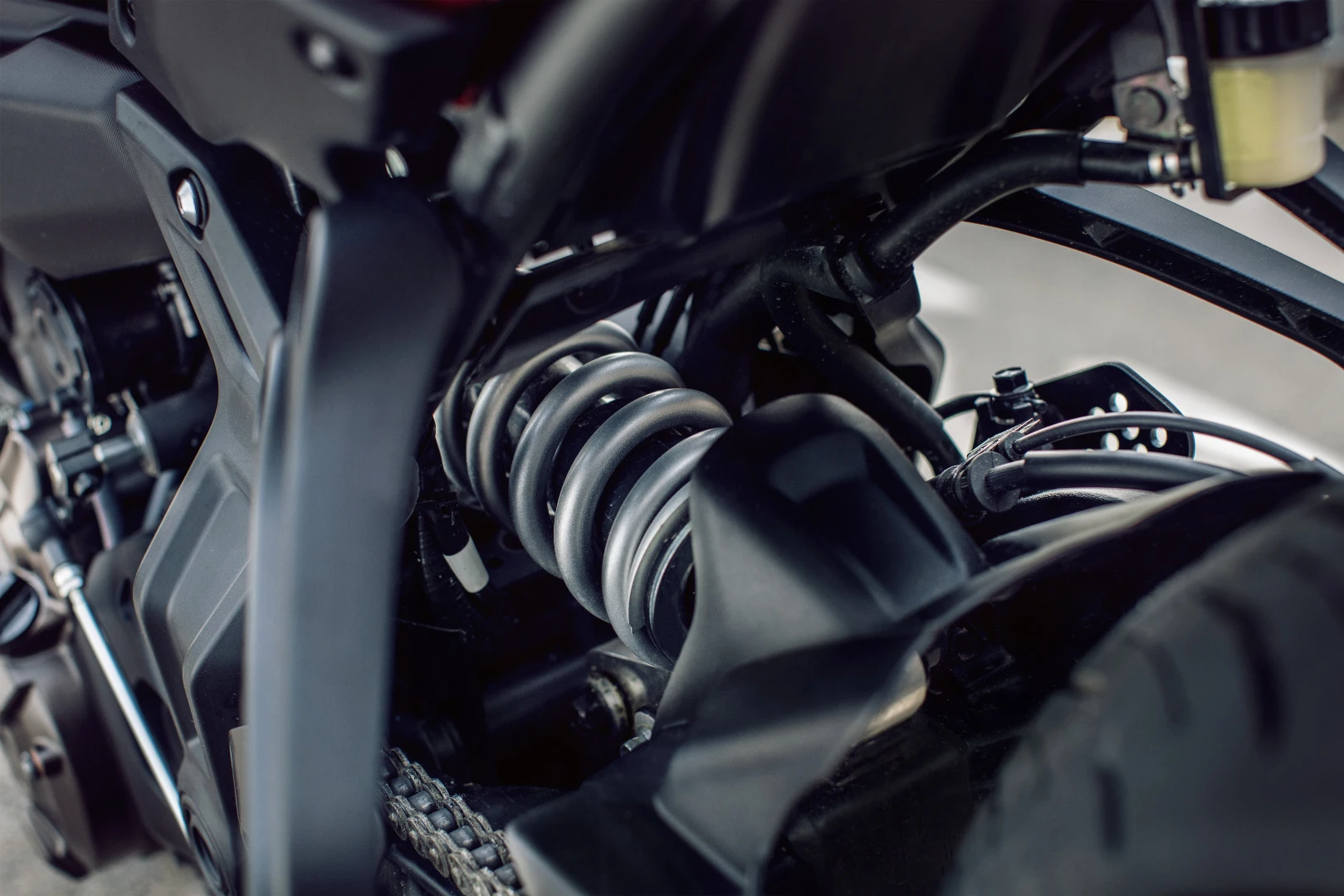 The rear shock of the Yamaha Tracer 700 is adjustable only for preload