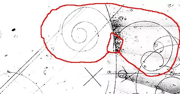 A bubble chamber picture of an electron-positron pair created (the V in the small red circle) and then spiraling in opposite directions (within the large red circle) (Photo: European Organization for Nuclear Research - CERN)