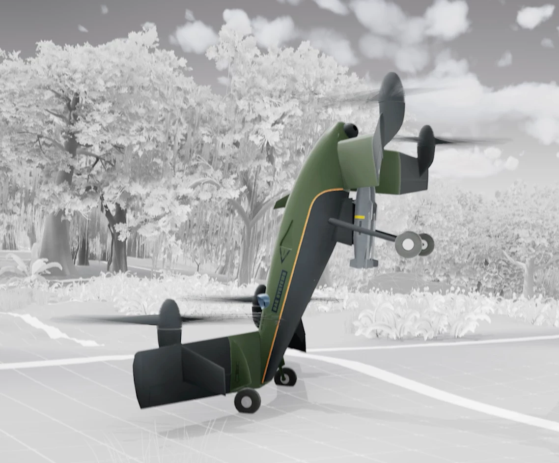 The Strix rises up onto its rear wheels to launch and land as a tail-sitter
