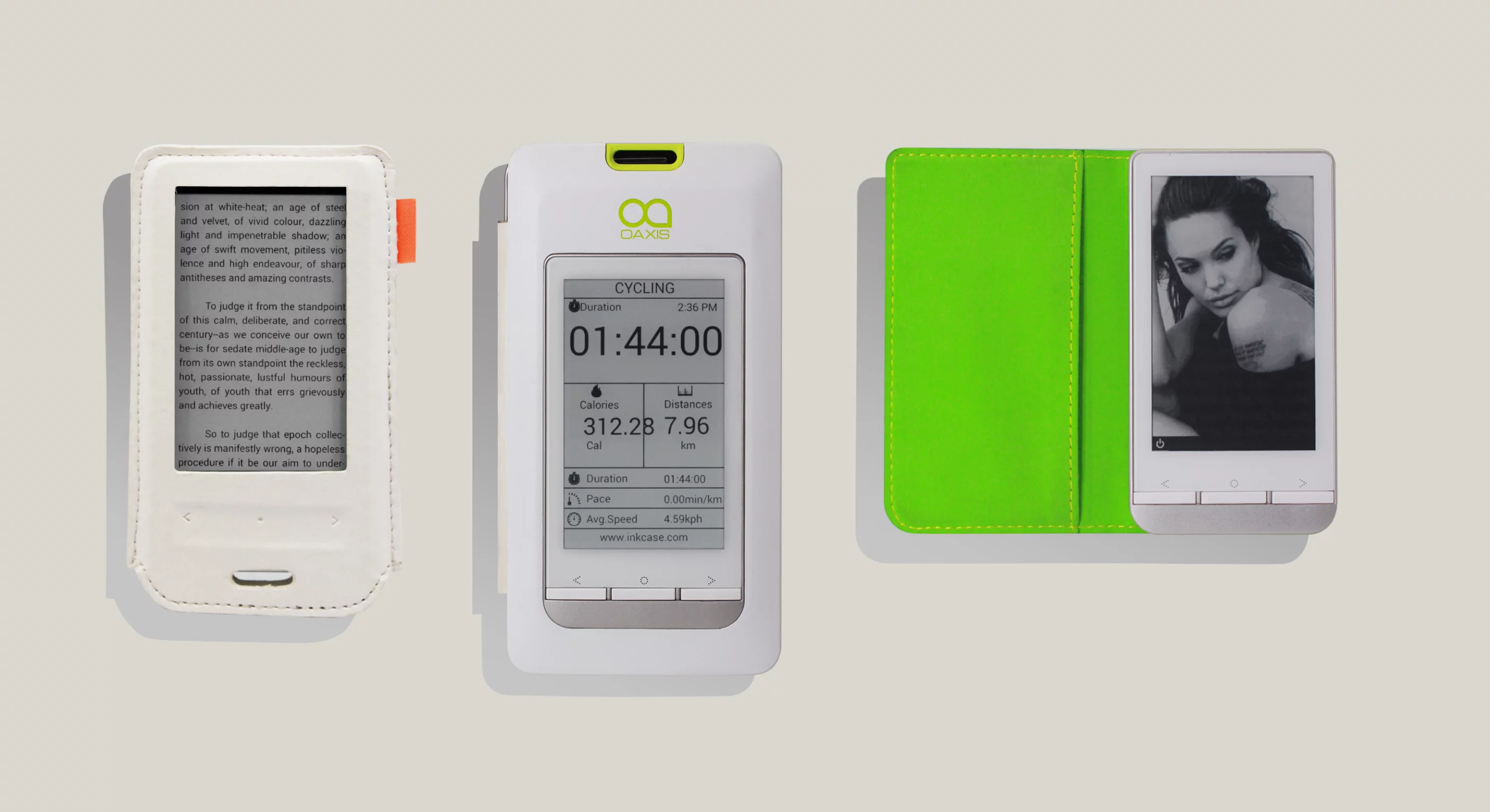 The InkCase+ will come either in a standalone pouch (left and right) or in a case that places it next to your smartphone (middle)