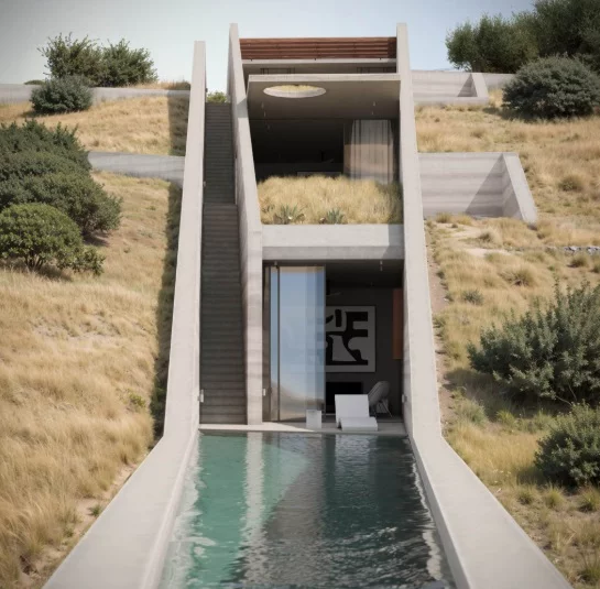 The residence is constructed with exposed concrete, steel frames, and extra-large floor-to-ceiling glass panels