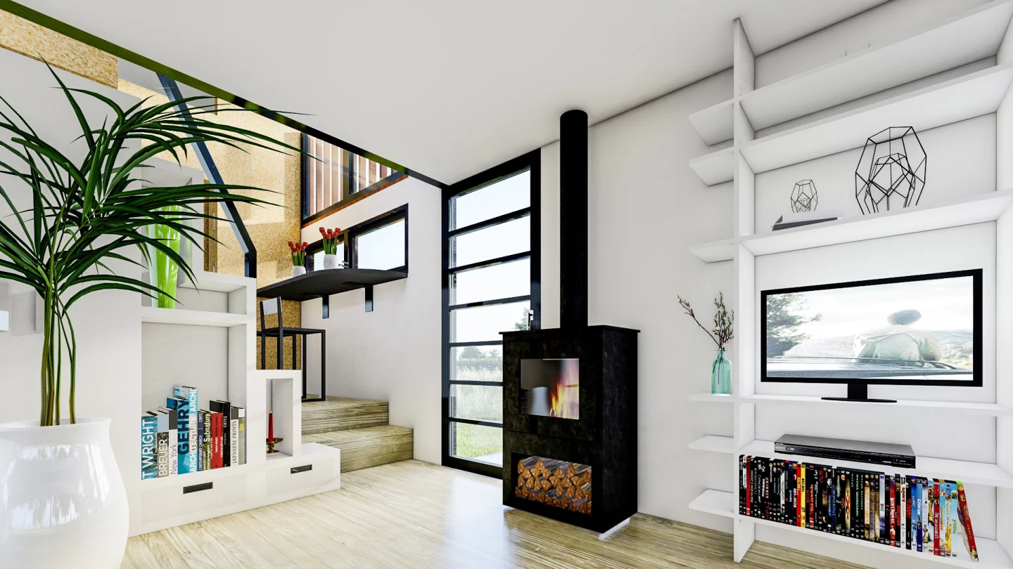 The Natura's living room includes a sofa, TV, and some storage units