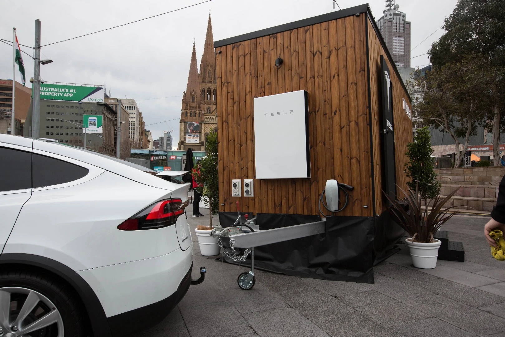 The tiny house, along with its all-electric tow car
