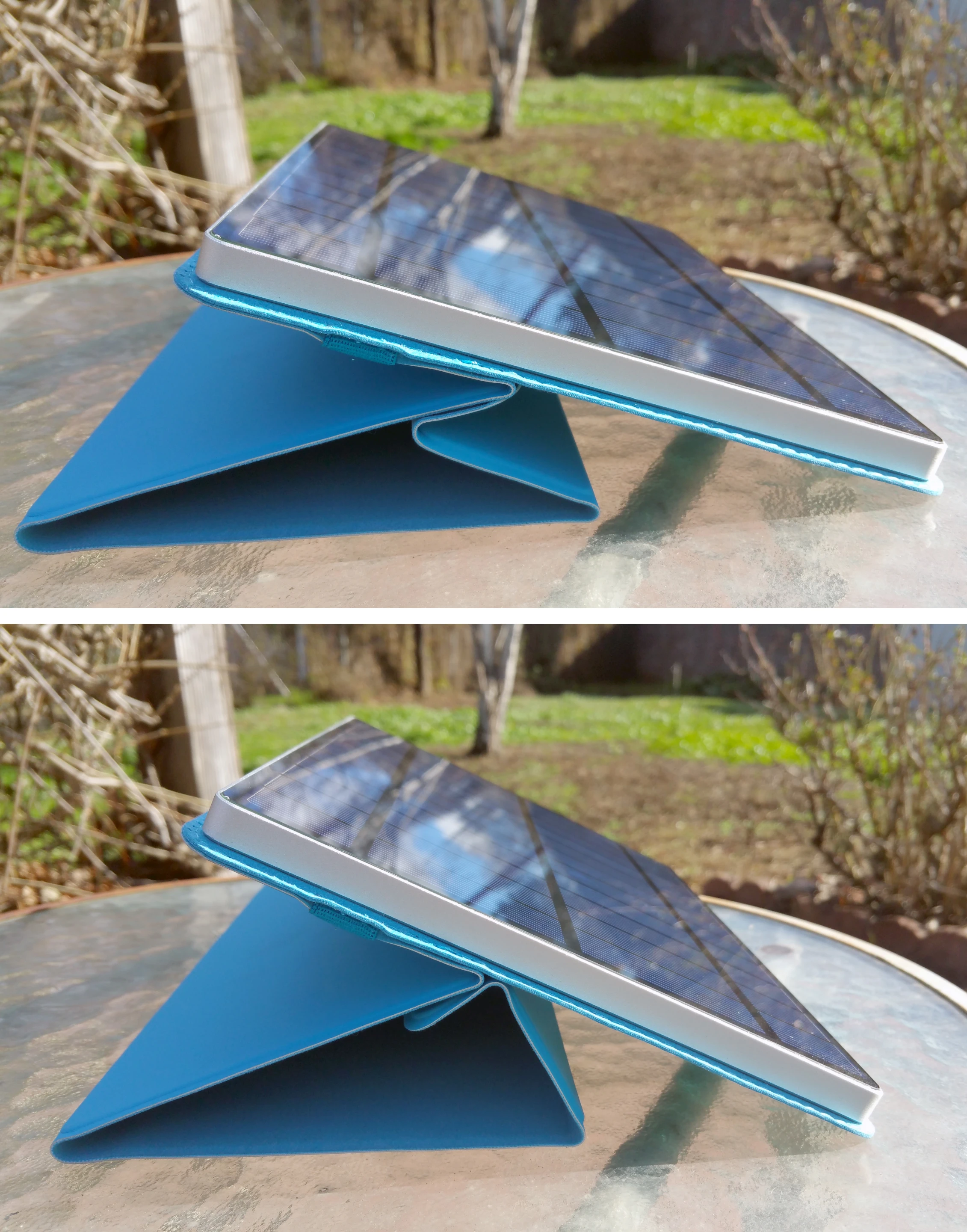 The Solartab's adjustable cover makes it easy to set the ideal angle for best solar charging performance