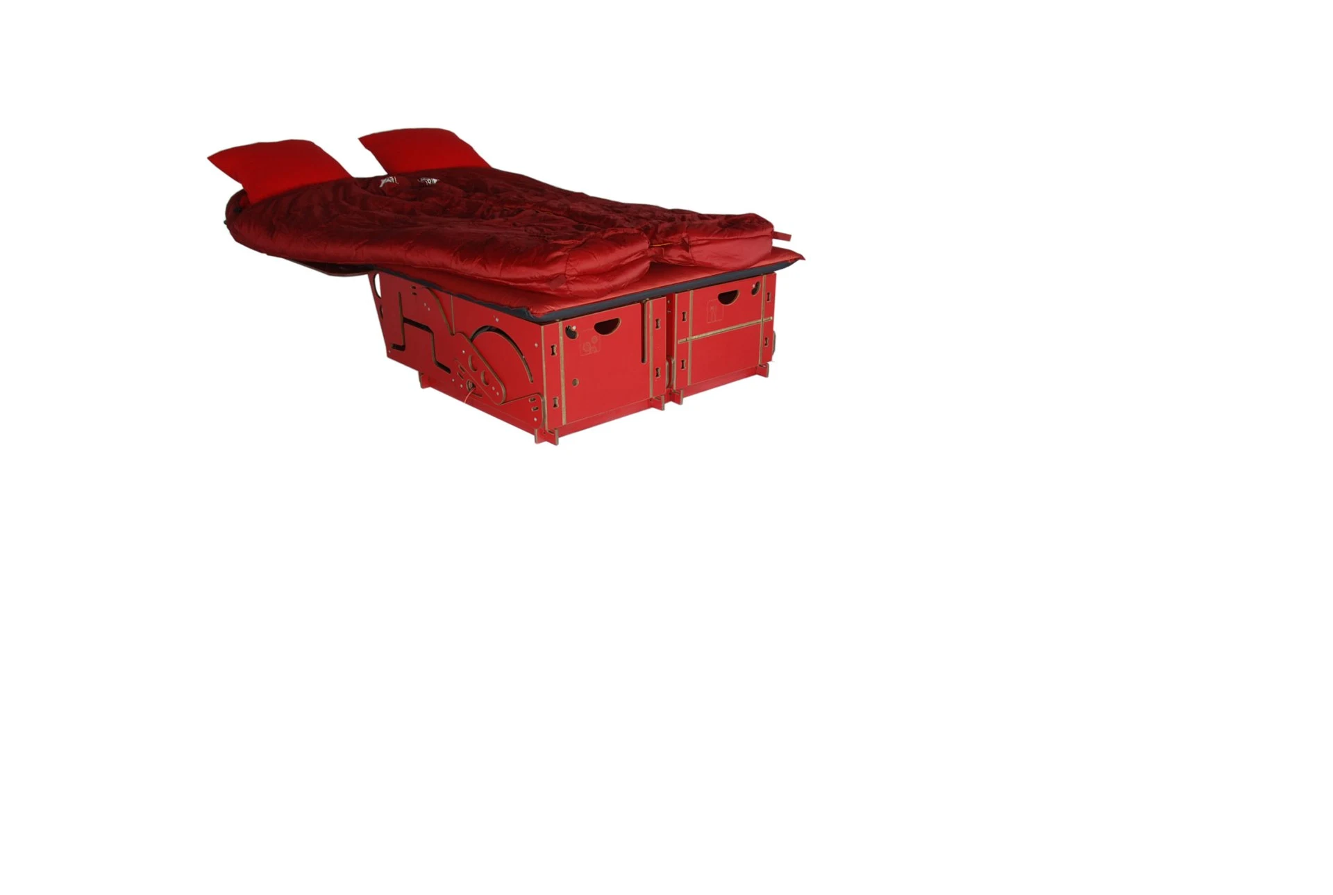 When laid flat, the Roombox creates a bed for two