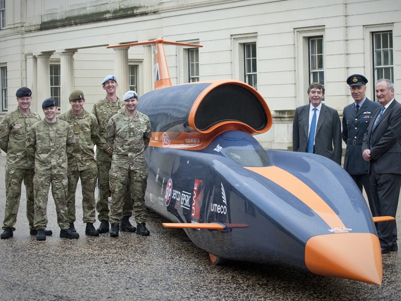 The REME Team, Defence Minister Philip Dunne, driver Wing Commander Andy Green and Bloodhound Director Richard Noble (Image: Sergeant Adrian Harlen RLC, Crown Copyright/MOD)