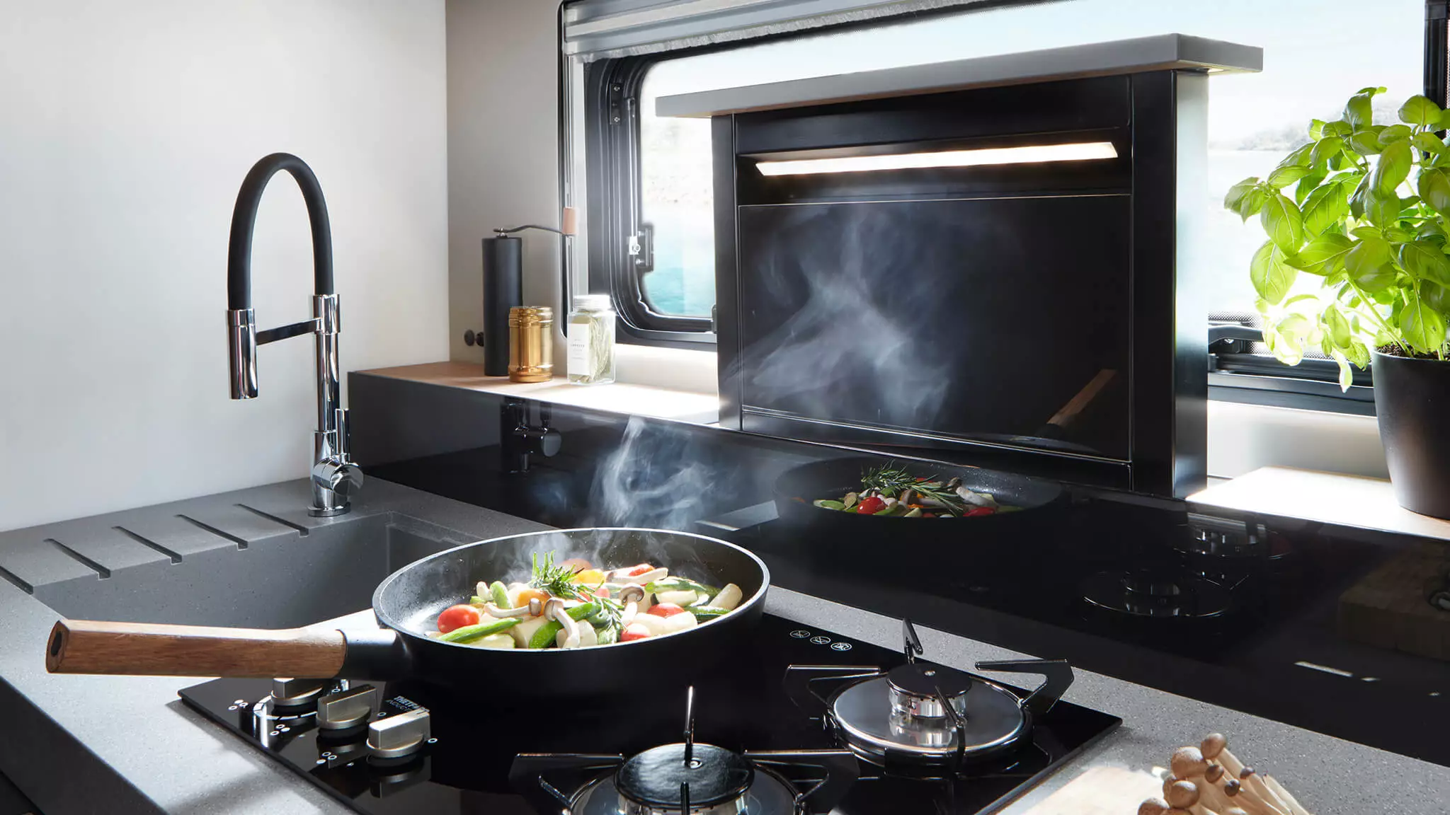 A look at the kitchen with the hood deployed