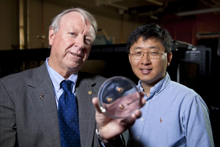 Edwin Thomas, left, and Jae-Hwang Lee holding a polymer material containing three bullets (Photo: Tommy LaVergne, Rice University)