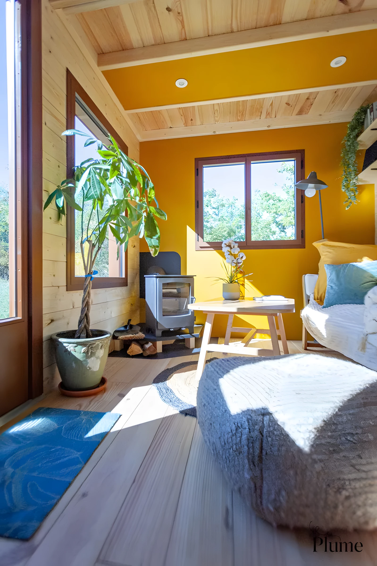 The Cosmos' interior is accessed through a glass front door that opens onto the living room