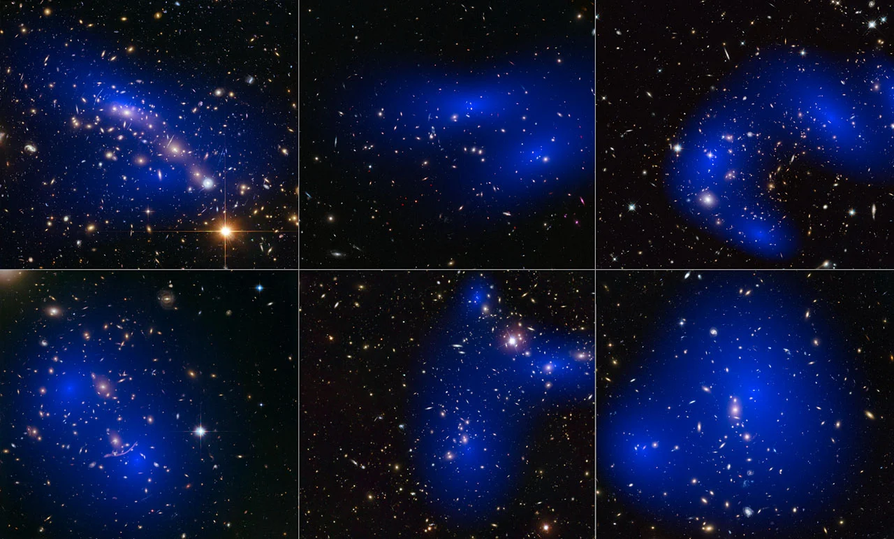 A collage of galaxy clusters with dark matter maps (Image: NASA/ESA)