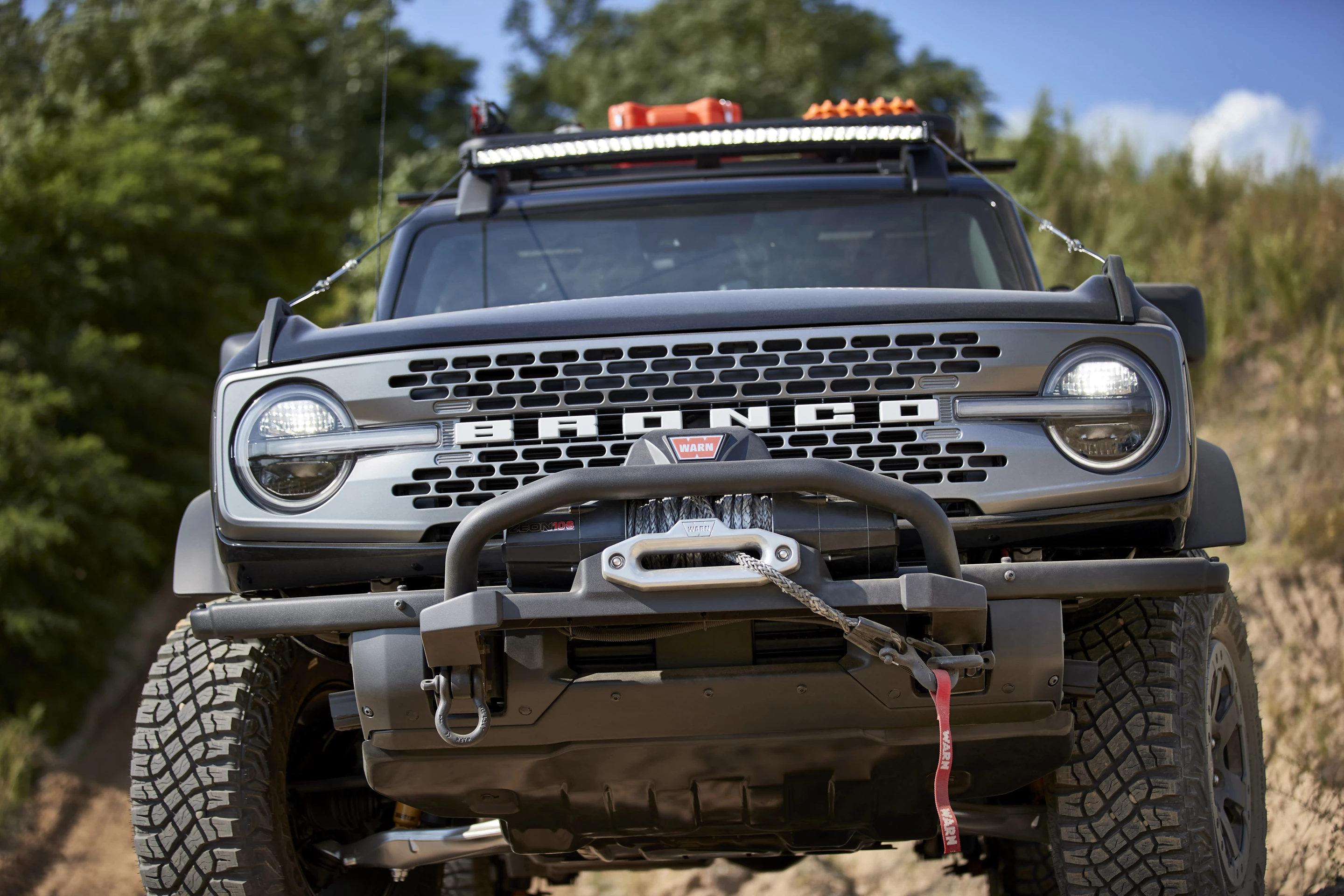 The Bronco Two-Door Trail Rig includes a modular bumper, Warn winch, Rigid light bar and beadlock-capable wheels