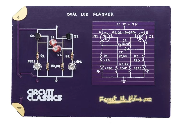 The dual LED flasher is probably the easiest circuit to make, but the alternately flashing LEDs are a very satisfying result