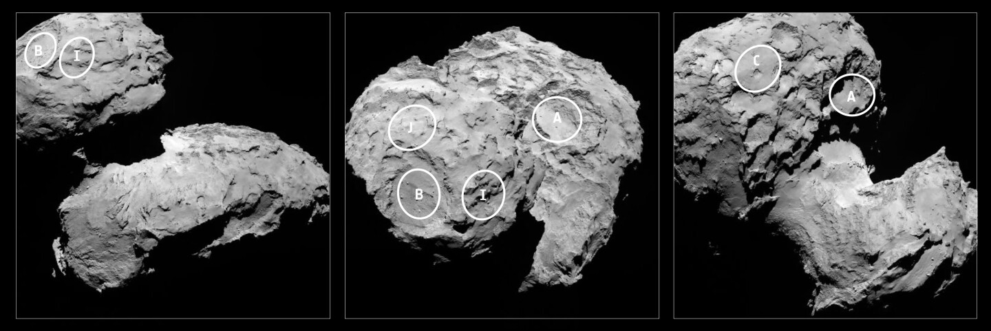 Five landing sites have been shortlisted for the November landing (Image: ESA/Rosetta/MPS for OSIRIS Team MPS/UPD/LAM/IAA/SSO/INTA/UPM/DASP/IDA)