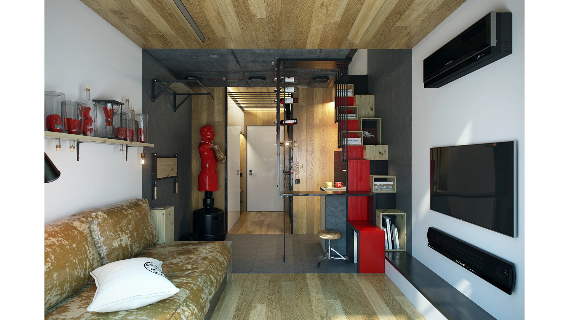 The micro apartment squeezes into a mere 18 square meter (194 sq ft) footprint and stretches over two levels