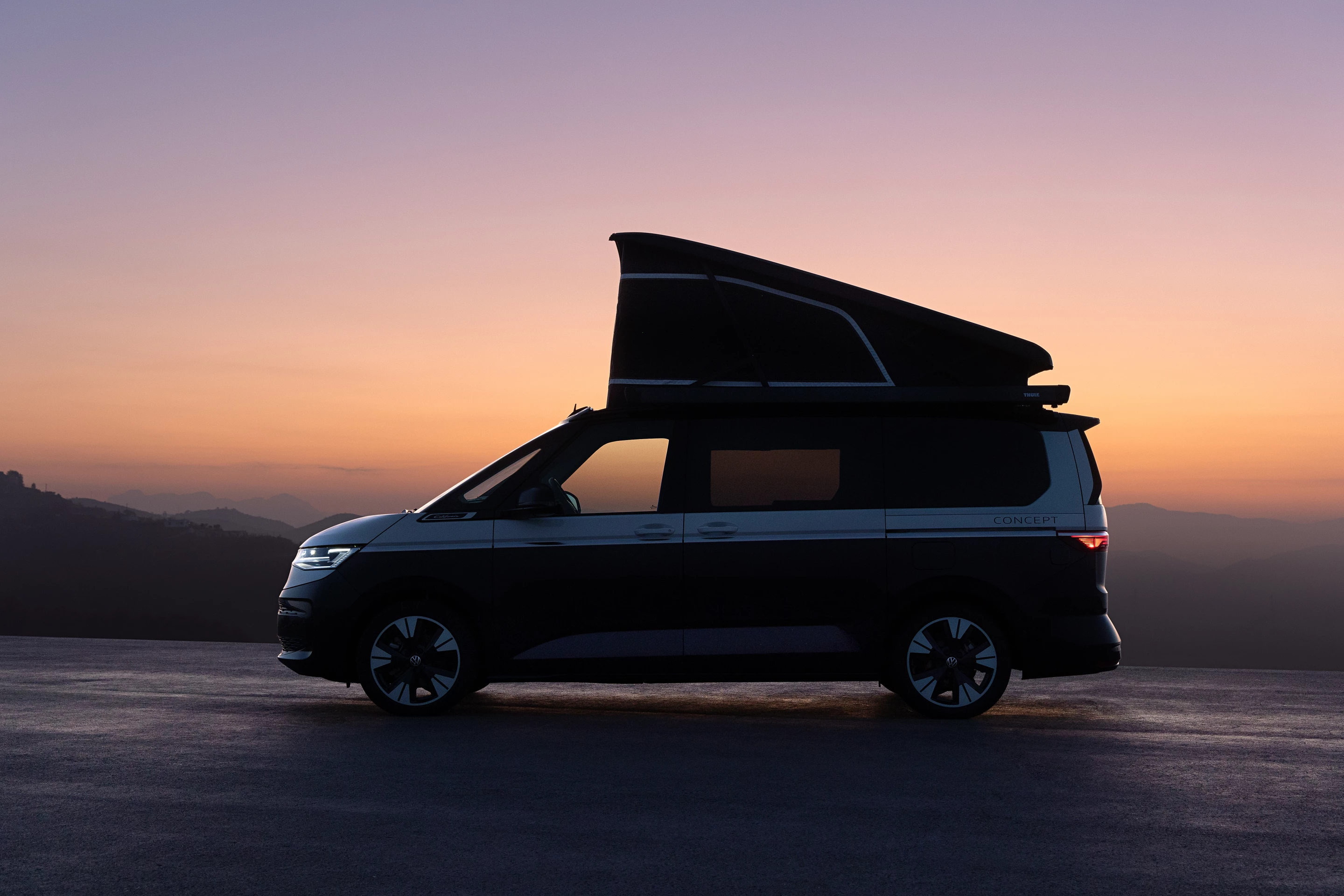 The 2023 Volkswagen Multivan California Concept invites outdoor lovers to play outside until nightfall, then enjoy a comfortable night of sleep