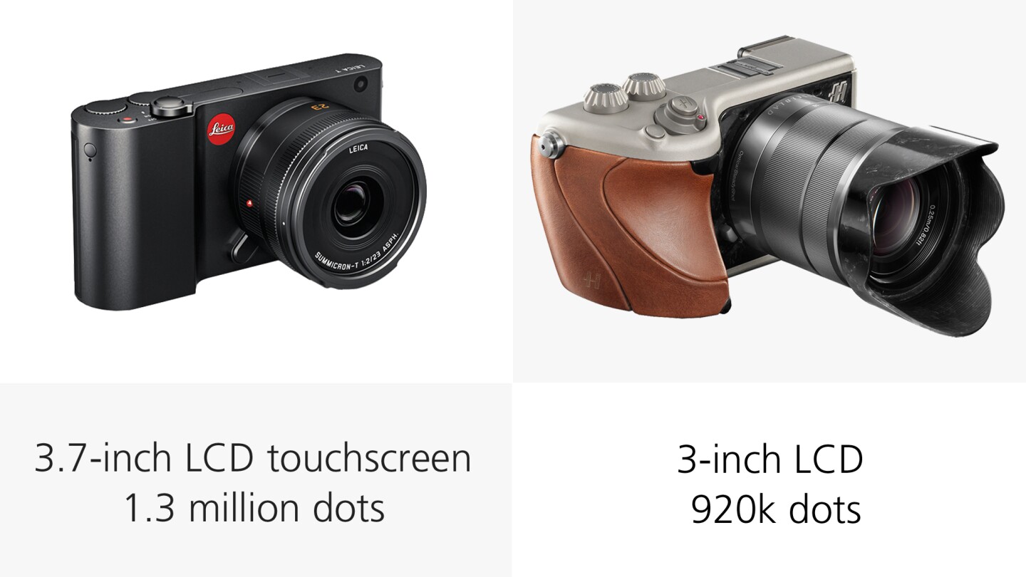 The 3.7-inch touchscreen on the Leica T is considerably larger than the 3-inch tilting screen on the Hasselblad Lunar