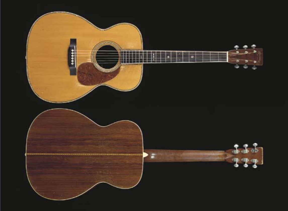 This 1939 Martin OOO-42 was the main instrument used in Eric Clapton's "MTV Unplugged" appearance, one of the pivotal moments in his career. Clapton is pictured playing this guitar on the CD cover of the multi-million seller "Unplugged" album, and it was used to play the acoustic version of "Layla," "Before You Accuse Me" and "Old Love," as well as early versions of "My Father's Eyes" and "Lonely Stranger." It sold for $791,500 at a Christies auction on 24 June, 2004