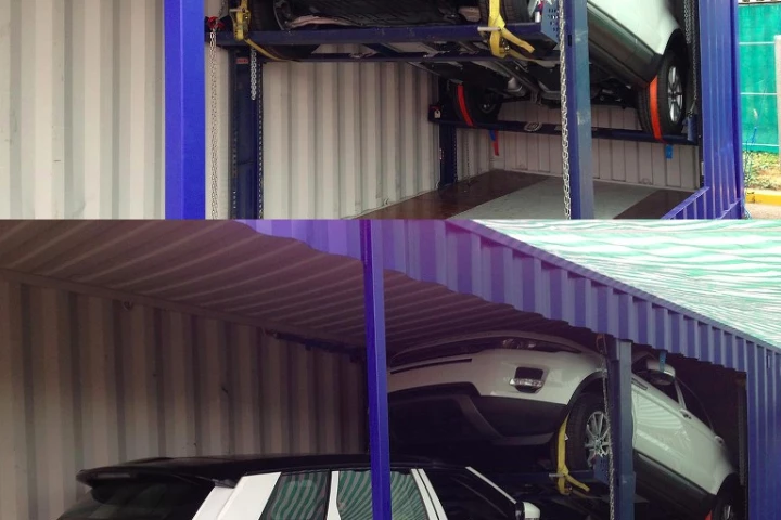 A cut-away view of vehicles stacked in a container, using the Warwick system