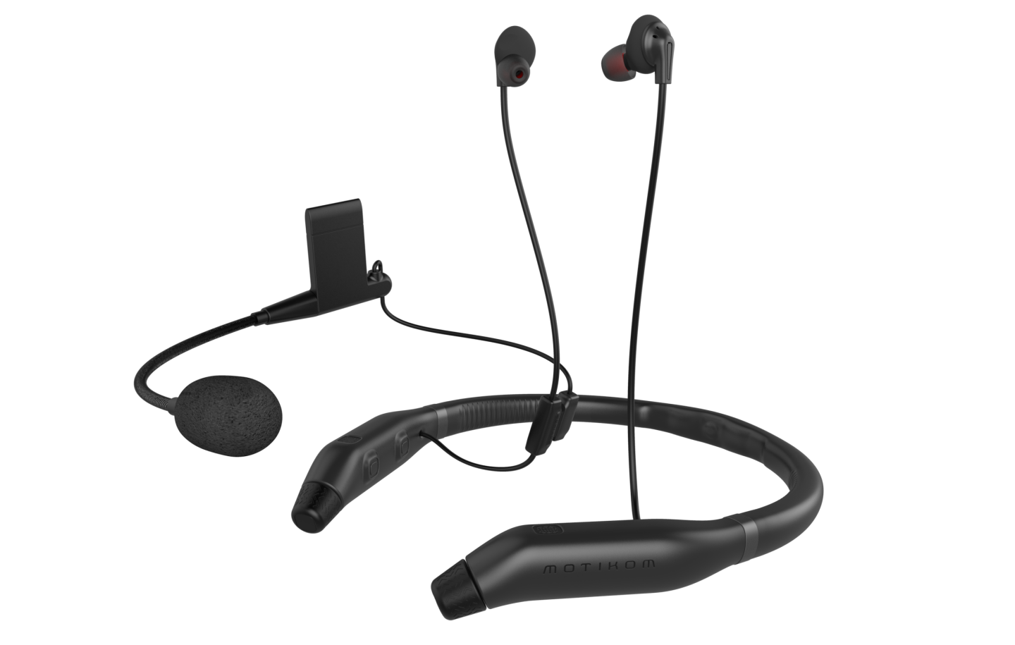 The Mplus collar, earbuds and boom mic