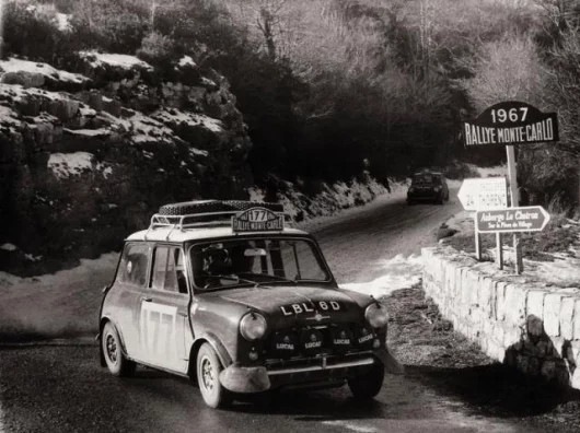 The Mini Cooper S that in 1967 won the 36th Monte Carlo Rally. The driver and navigator were Rauno Aaltonen (the "Flying Finn") and Henry Liddon. Picture drawn from the book entitled "MINI 1959-2005: the history, the models, the legend". Credit: with perm