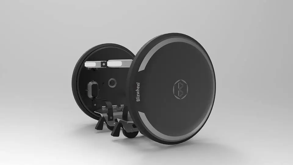 Each Eskate consists of a motorized wheel with a solid rubber tread, which a foot platform folds down from the inside of