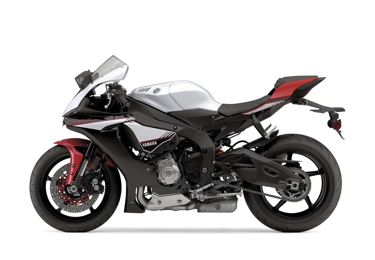 The Yamaha YZF-R1S in the Intensity White/Raven/Rapid Red color scheme