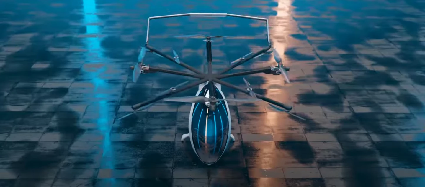 An interesting propulsion layout places large hybrid-powered props at the front, back and sides, and smaller, electric props on the diagonal struts