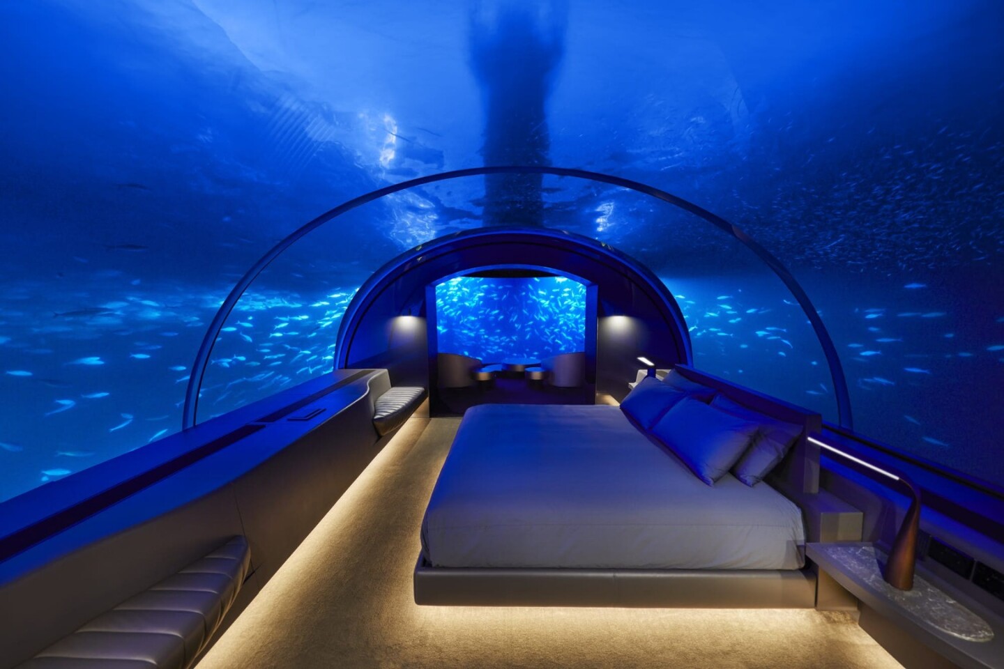 Part of the Conrad Maldives Rangali Island resort, the Muraka features a one-bedroom master suite that sits some 5 m (16.4 ft) beneath the waves