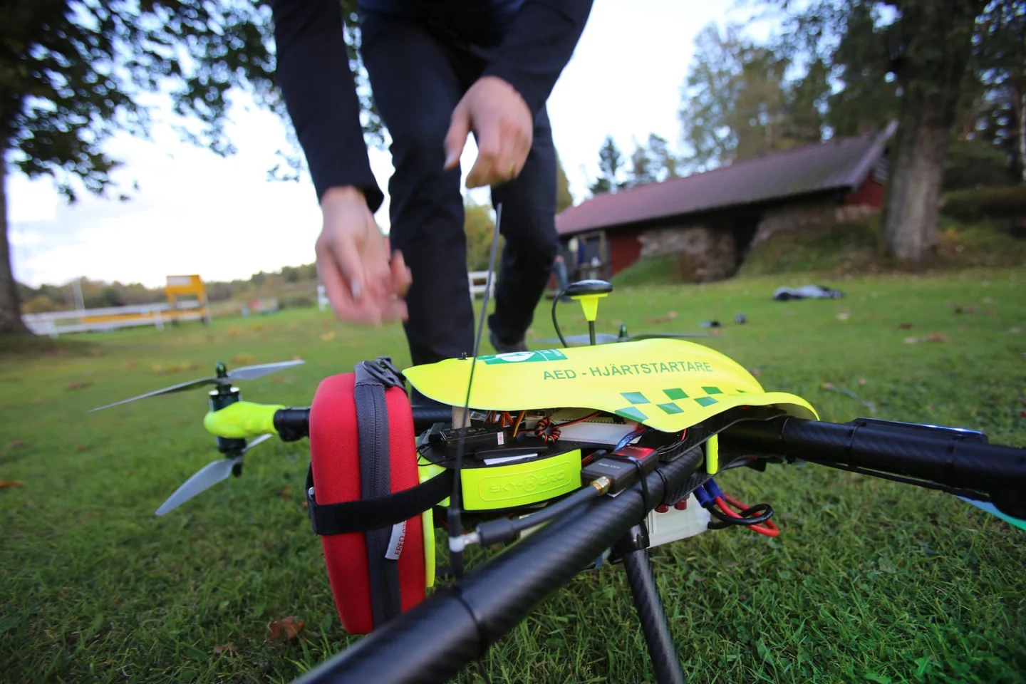 The drone system developed by FlyPulse to transport an emergency defibrillator