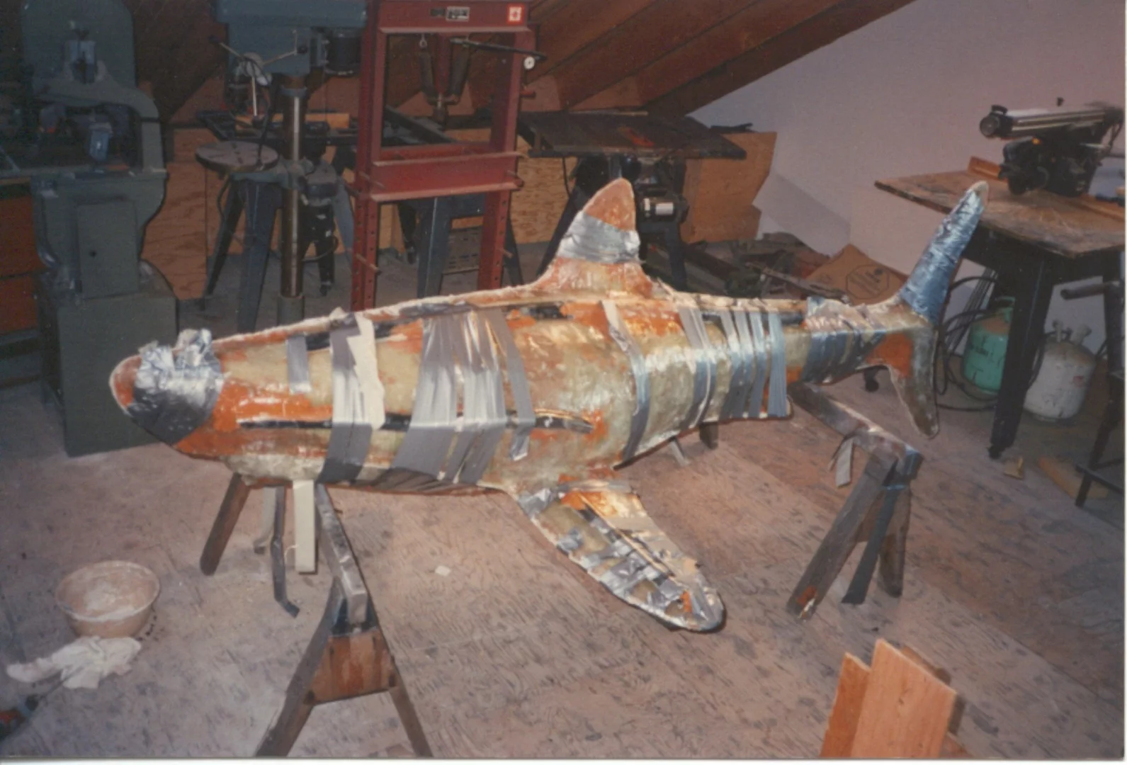 The production phase isn't always pretty. Eddie Paul's 10-foot long mechanical shark takes shape.