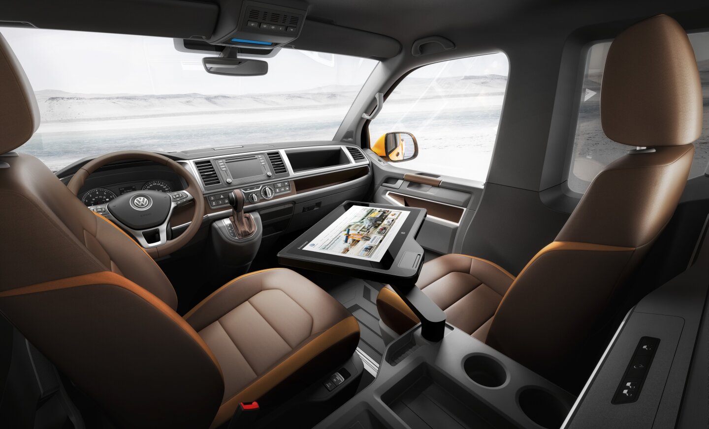 The front seats swivel and slide to adjust the mobile work space