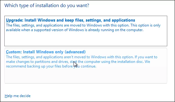Select the Custom install option when creating your VM.