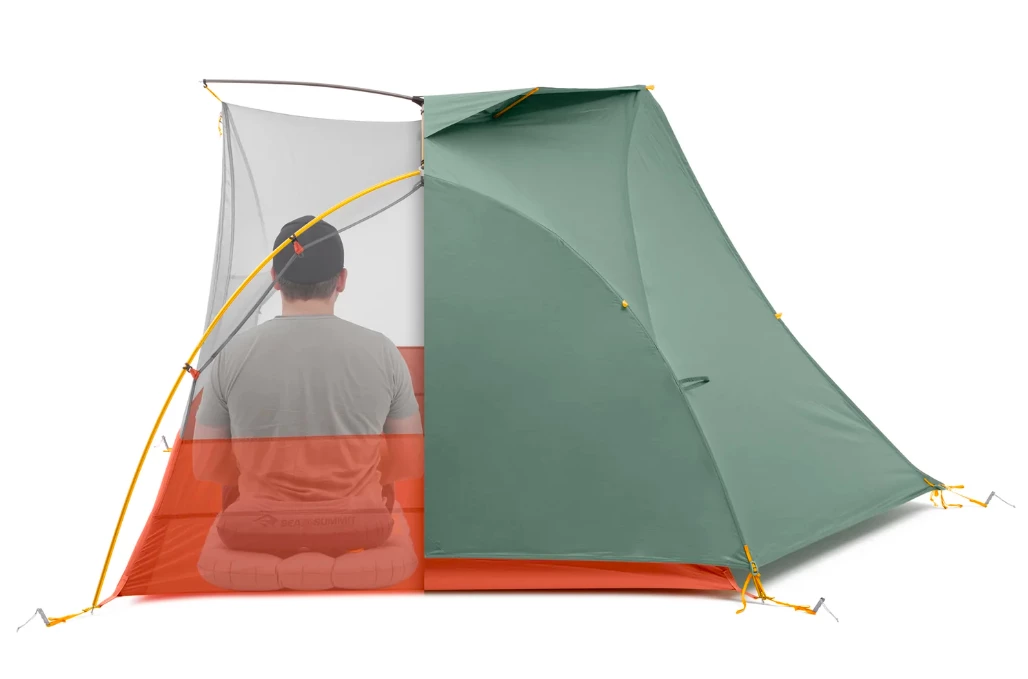 Partial rain fly set up for the Ikos TR2 lets one camper sleep in breezy, night sky comfort while the other enjoys more weather protection
