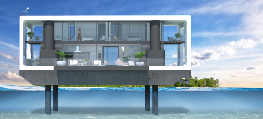Arkup liveable yacht concept: hydraulic "spuds" stabilize the entire home and can lift it up above 20 feet of water