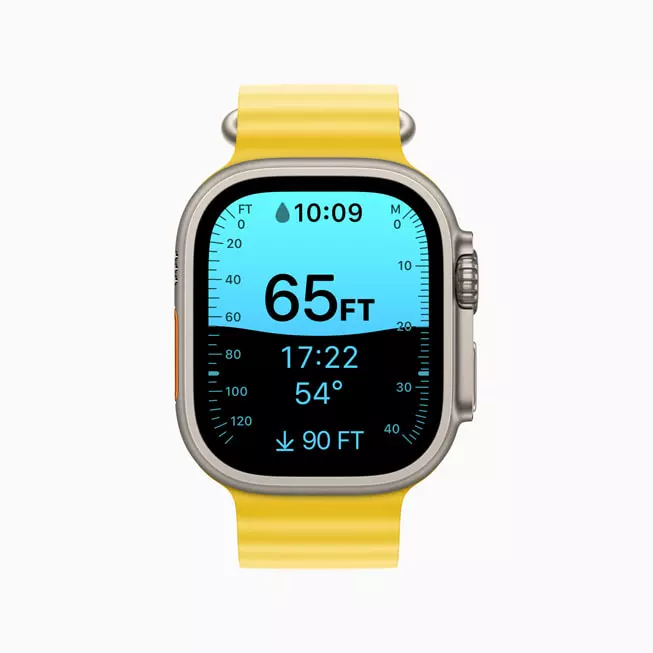 When submerged, Apple Watch Ultra automatically launches a new Depth app, which displays time, current depth, water temperature, duration under water, and maximum depth reached