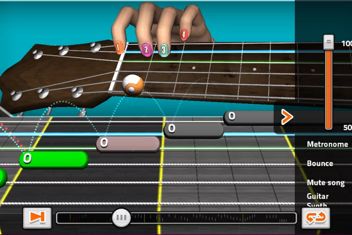 GuitarBots is an online guitar learning game from Ovelin that allows players to use a real acoustic or electric guitar to play the game's challenges