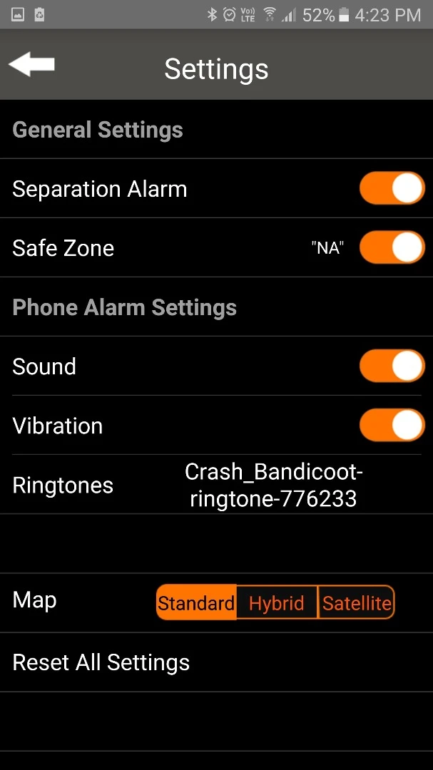 In the settings menu, users can set a Separation Alert, which will trigger both the Orbit Card and the phone to ring if they get too far apart, and a Safe Zone so this won't happen while both are within range of the same Wi-Fi router