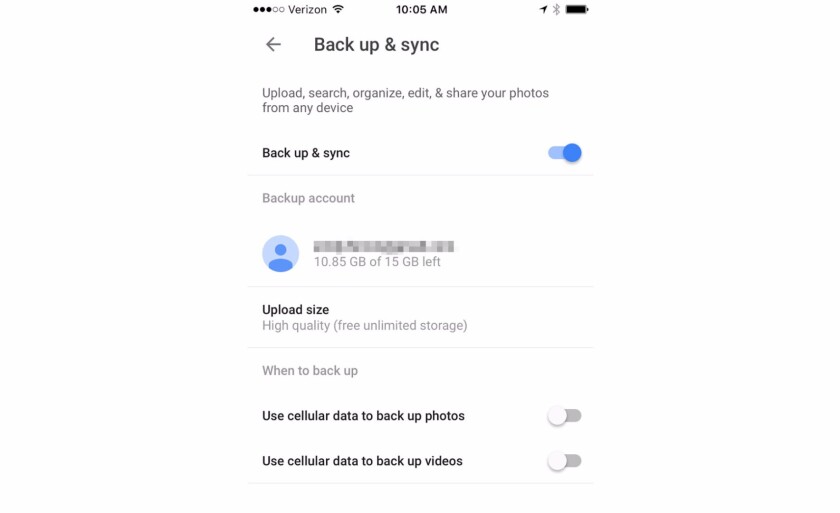 Back up & sync settings, Google Photos for iOS