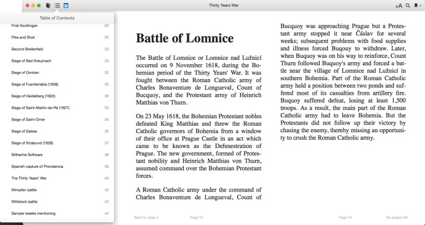These are example pages from a PageKicker-generated ebook called Thirty Years War