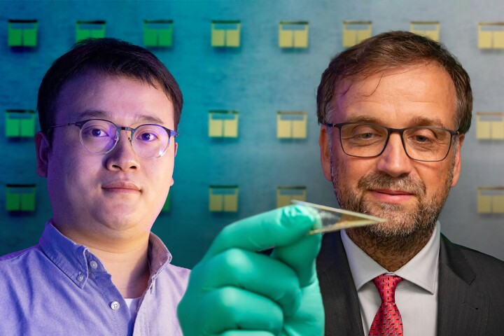 Professor Oliver G. Schmidt holds up a flexible chip that can be equipped with a number of tiny cake-inspired batteries, alongside team member Dr. Minshen Zhu