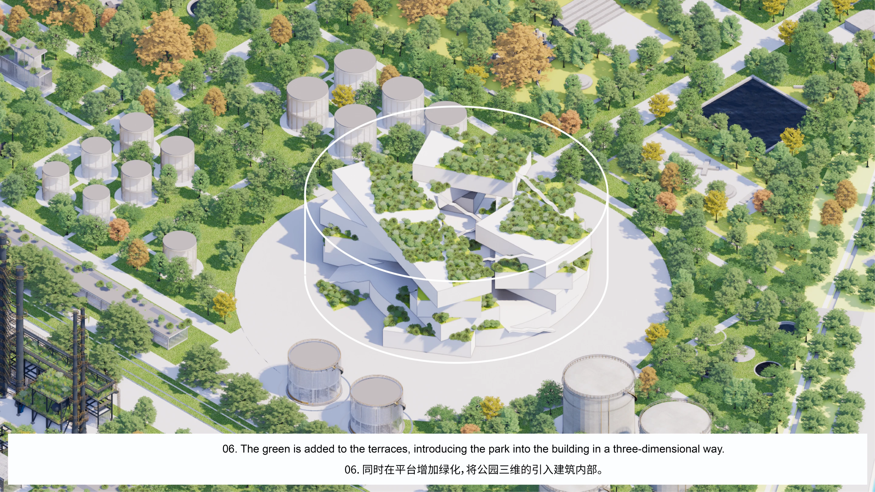 The Hangzhou Oil Refinery Factory Park's museum will be more complicated than it looks at first glance, and will take the form of multiple rectangular greenery covered sections that are enclosed by the glazed facade